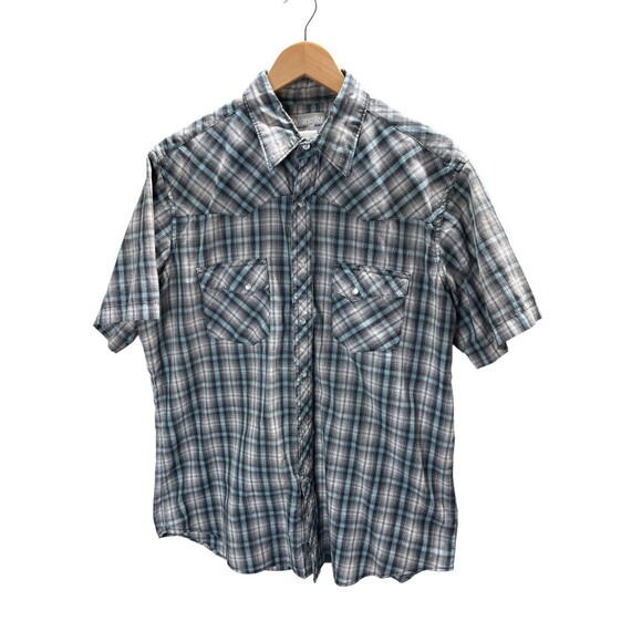 Vintage Wrangler Top Men's Size Large Gray Blue Plaid Button Up Short Sleeve - Picture 1 of 4